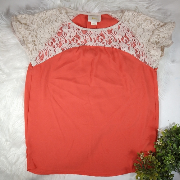Anthro Maeve Coral Blouse with Lace Sleeves - Picture 1 of 8
